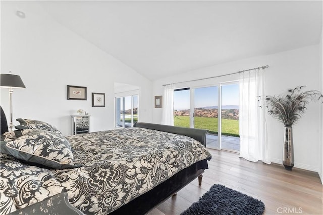 bedroom featuring high vaulted ceiling, access to outside, and light hardwood / wood-style flooring