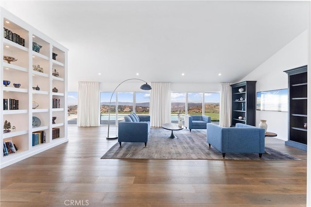 living room with dark hardwood / wood-style flooring and lofted ceiling