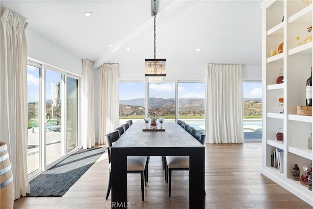 dining area with a mountain view, built in features, and wood-type flooring