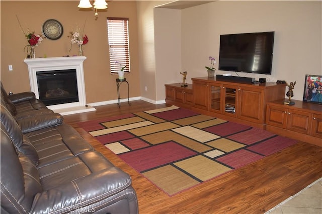 living area featuring a glass covered fireplace, baseboards, and wood finished floors