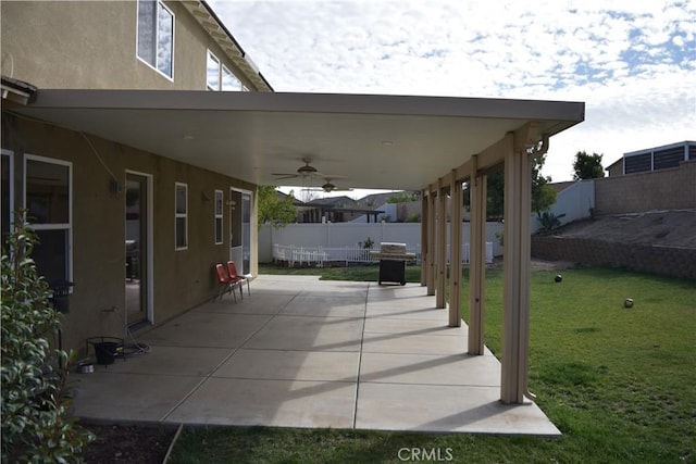 view of patio / terrace featuring a ceiling fan and a fenced backyard