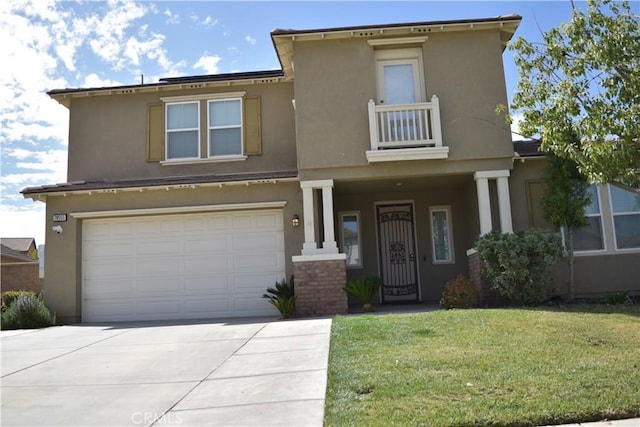 view of front of home with a garage, concrete driveway, a balcony, and stucco siding