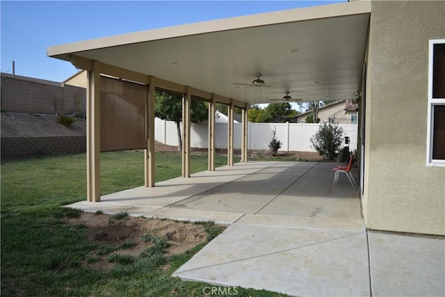 view of patio / terrace featuring a fenced backyard and ceiling fan