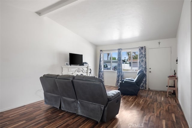 living room featuring lofted ceiling with beams and dark hardwood / wood-style flooring