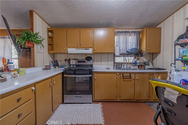 kitchen featuring a textured ceiling, sink, and gas stove