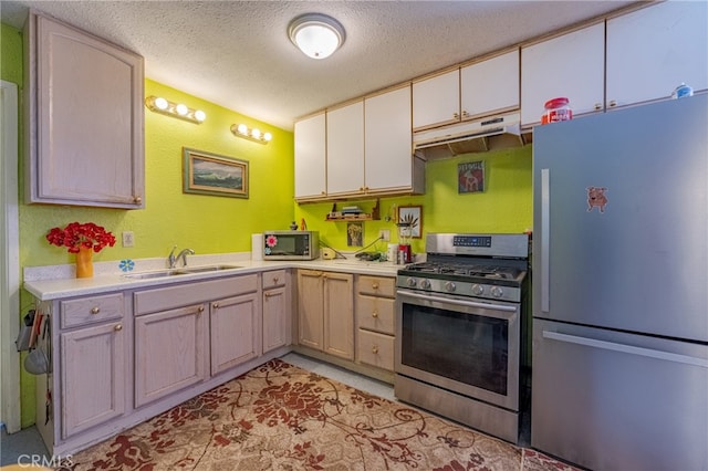 kitchen featuring appliances with stainless steel finishes, a textured ceiling, sink, and light brown cabinets