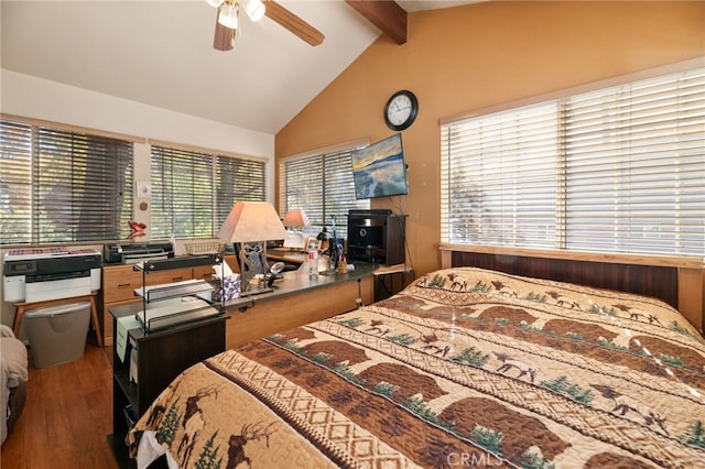 bedroom with dark hardwood / wood-style flooring, lofted ceiling with beams, multiple windows, and ceiling fan