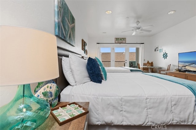 bedroom with ceiling fan, french doors, and access to exterior