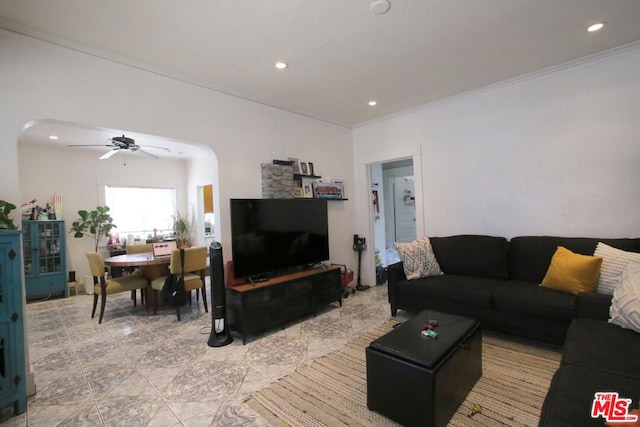 living room featuring ceiling fan and crown molding