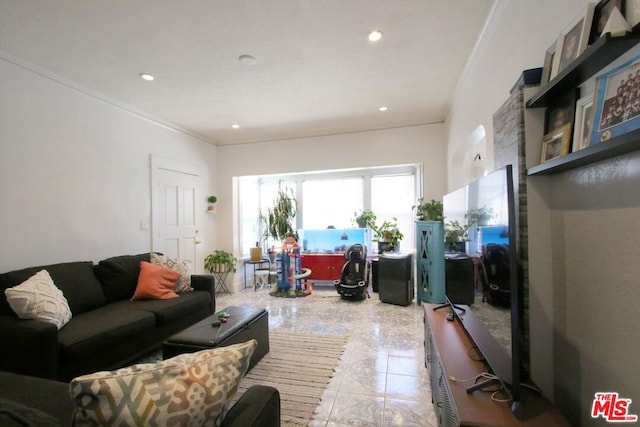 living room with light tile patterned floors and ornamental molding