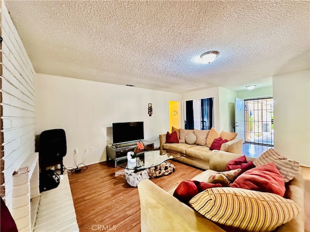 living room with a textured ceiling and wood-type flooring