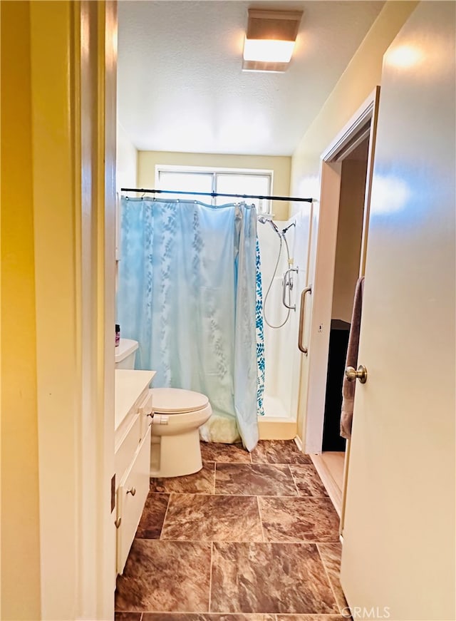 bathroom featuring vanity, toilet, and a shower with shower curtain