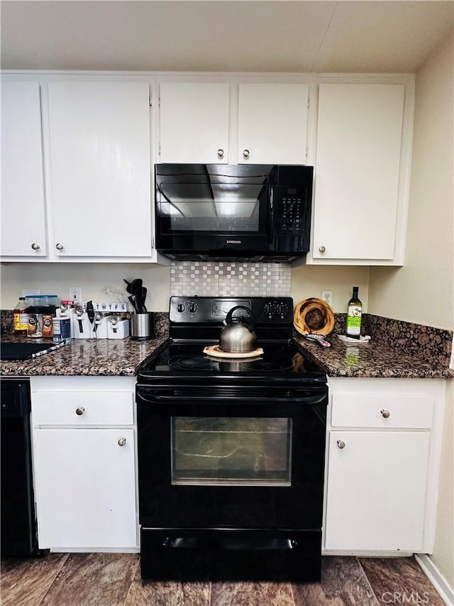 27358 Comwell St, Menifee, CA 92586 - kitchen featuring white cabinets, dark stone counters, black appliances, and tasteful backsplash