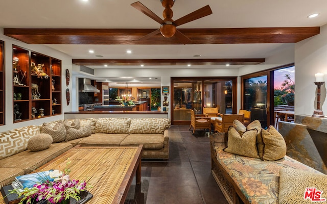 tiled living room featuring beam ceiling and ceiling fan