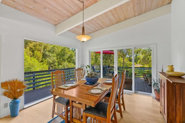 dining area with wooden ceiling, vaulted ceiling with beams, light hardwood / wood-style floors, and plenty of natural light