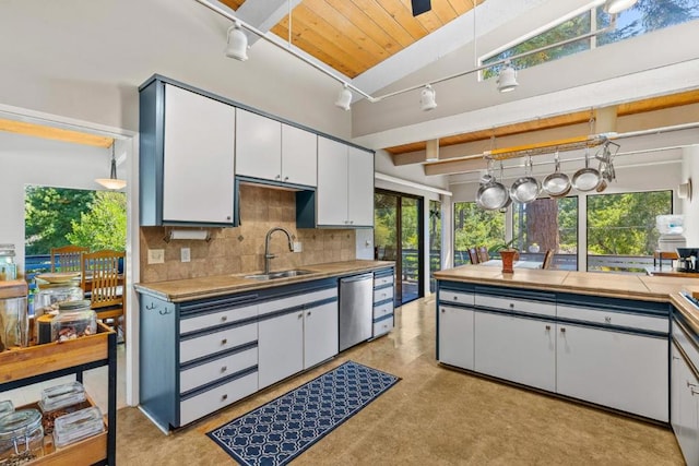 kitchen with white cabinetry, dishwasher, pendant lighting, sink, and plenty of natural light