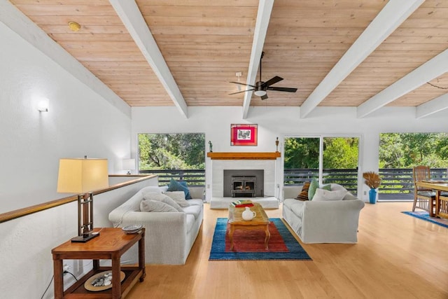 living room featuring light wood-type flooring, wood ceiling, lofted ceiling with beams, and ceiling fan