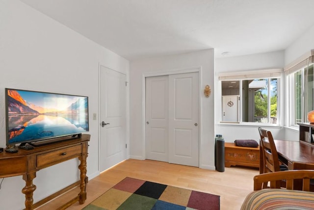 bedroom featuring light hardwood / wood-style flooring and a closet