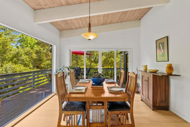 dining room with vaulted ceiling with beams, wood ceiling, and light hardwood / wood-style flooring