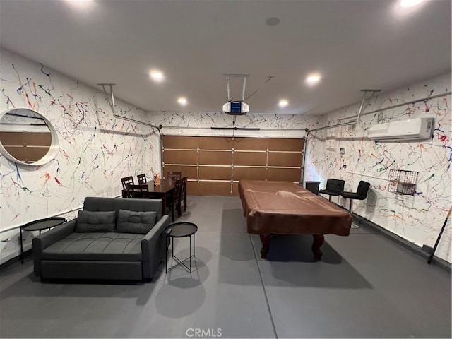 41097 Maiden Ct, Indio, CA 92203 - rec room featuring wallpapered walls, a wall mounted air conditioner, a garage, finished concrete floors, and billiards table