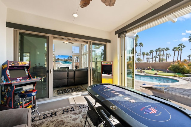 recreation room featuring ceiling fan