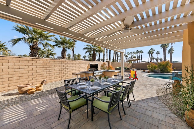 view of patio / terrace featuring ceiling fan, a grill, a fenced in pool, and a pergola