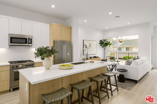 kitchen featuring white cabinetry, a kitchen island with sink, sink, and premium appliances