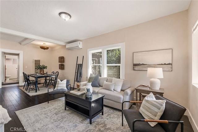 living room featuring beam ceiling, a wall mounted air conditioner, and dark hardwood / wood-style flooring