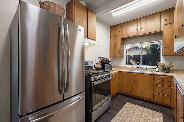 kitchen with appliances with stainless steel finishes, dark wood-type flooring, and sink