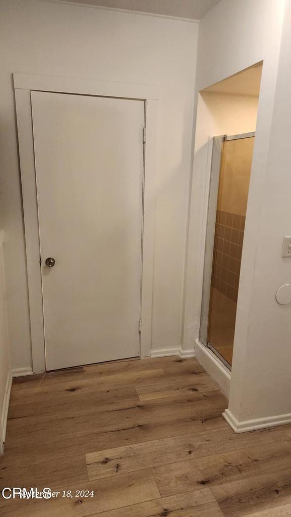 bathroom with hardwood / wood-style floors