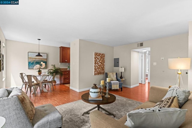 living room featuring electric panel and hardwood / wood-style flooring