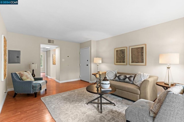 living room with hardwood / wood-style floors and electric panel