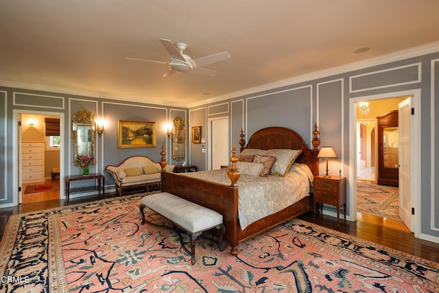 bedroom featuring ceiling fan, hardwood / wood-style flooring, and crown molding