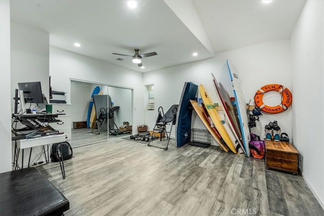 exercise room featuring ceiling fan and hardwood / wood-style floors