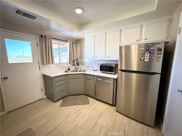 kitchen featuring gray cabinets, stainless steel appliances, a tray ceiling, and sink