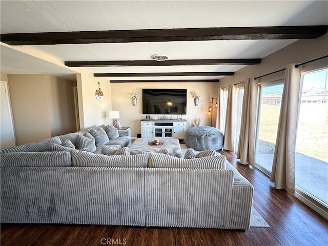 living room with beam ceiling and dark hardwood / wood-style floors