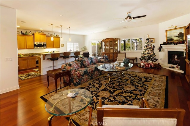 living room featuring ceiling fan and dark wood-type flooring