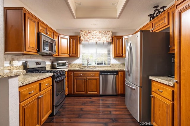 kitchen featuring appliances with stainless steel finishes, a tray ceiling, dark hardwood / wood-style flooring, light stone counters, and sink