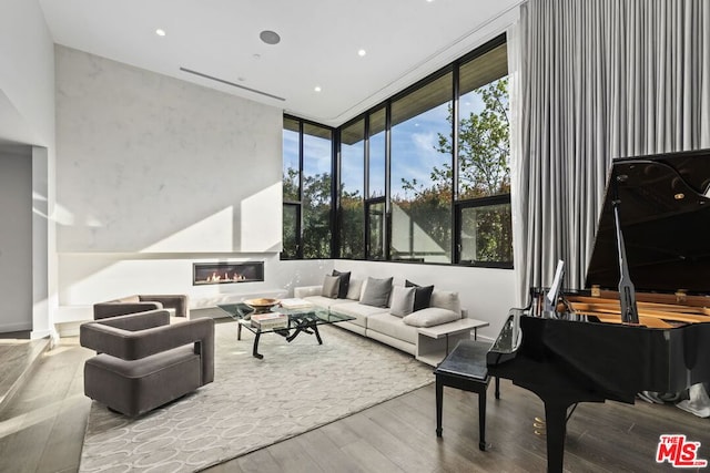 living room with light hardwood / wood-style floors and expansive windows