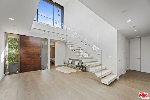 foyer entrance with a towering ceiling, light hardwood / wood-style floors, and a healthy amount of sunlight