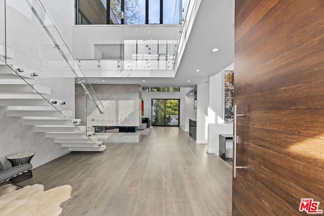 foyer with a towering ceiling and hardwood / wood-style floors