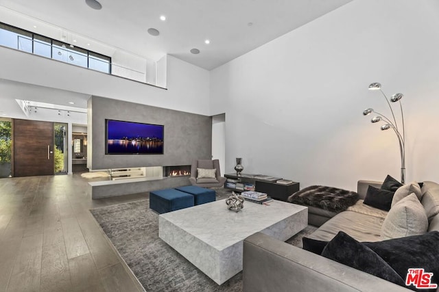 living room featuring a towering ceiling and dark hardwood / wood-style floors