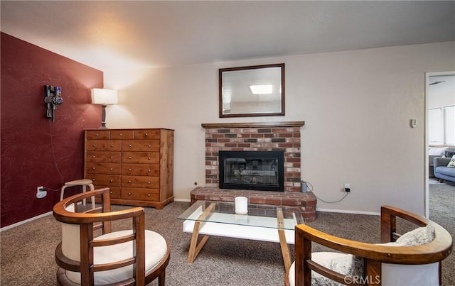 interior space featuring carpet and a brick fireplace