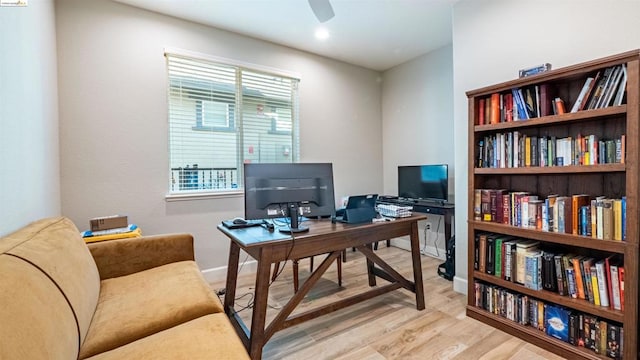 office space featuring a healthy amount of sunlight, light wood-type flooring, and ceiling fan