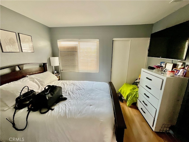 bedroom featuring light wood-type flooring and a closet