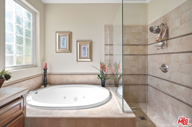 bathroom with vanity, separate shower and tub, and plenty of natural light