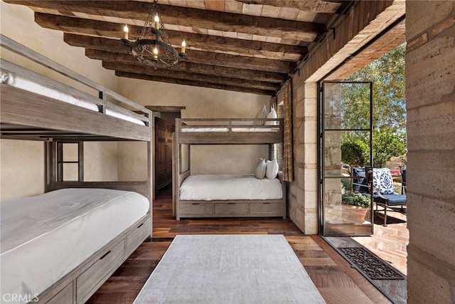 unfurnished bedroom featuring an inviting chandelier, lofted ceiling with beams, wood ceiling, and dark hardwood / wood-style flooring