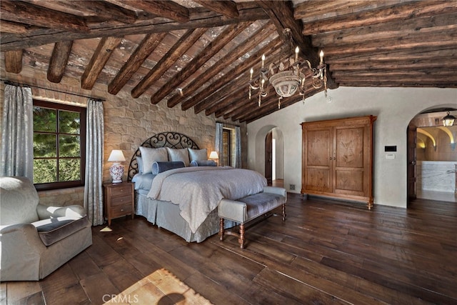 unfurnished bedroom with dark hardwood / wood-style floors, beam ceiling, and high vaulted ceiling