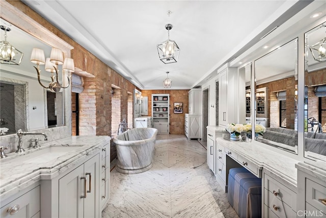 bathroom with a bathing tub, wooden walls, vanity, and crown molding