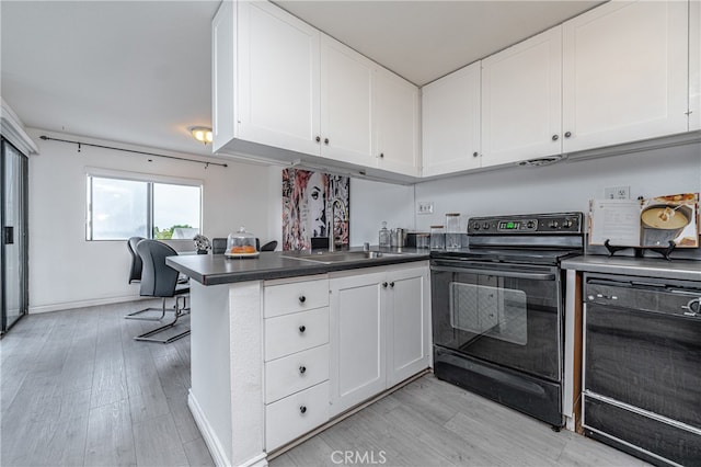 kitchen featuring white cabinets, light hardwood / wood-style floors, black range with electric stovetop, and sink